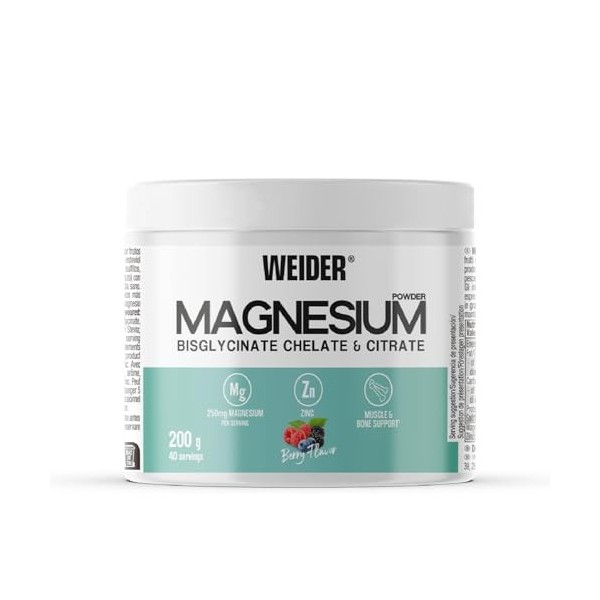 Weider Magnesium Powder 200g Goût Fruits Rouges, 250mg /portion Bisglycinate et Citrate de Magnésium en poudre avec du Zinc