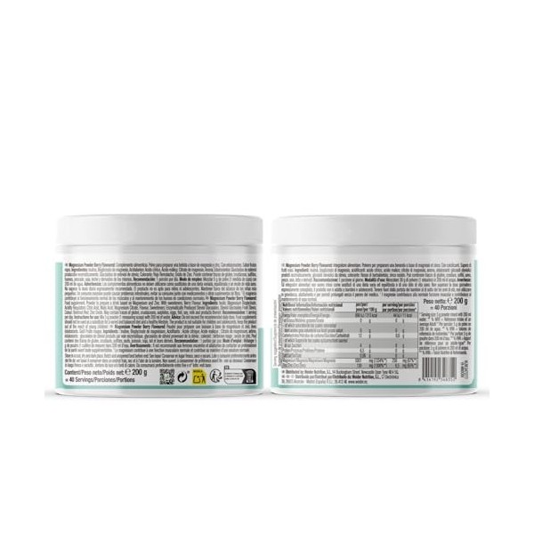 Weider Magnesium Powder 200g Goût Fruits Rouges, 250mg /portion Bisglycinate et Citrate de Magnésium en poudre avec du Zinc