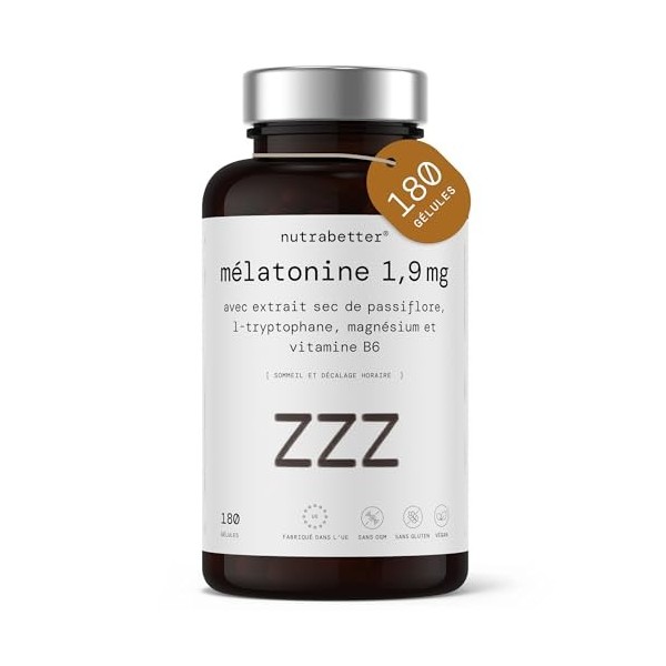 Mélatonine 1,9 mg pure avec magnésium, L-tryptophane, passiflore et vitamine B6 | 180 gélules végétaliennes | Sommeil réparat