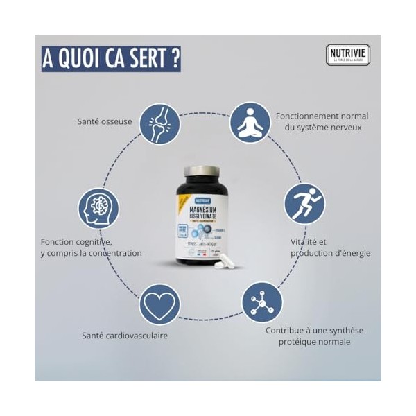 NUTRIVIE - Magnésium Bisglycinate 1500 mg - Réduit Fatigue, Stress & Favorise un Sommeil Réparateur - Enrichi en Vitamine B6 
