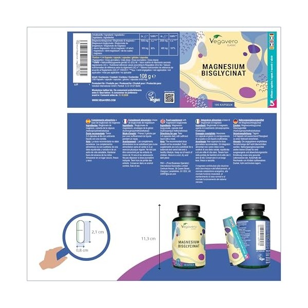 Magnesium Bisglycinate 300 mg | 180 Gélules | Dosage Elevé + Haute Biodisponibilité | Anti Fatigue + Stress + Sommeil | Vegan