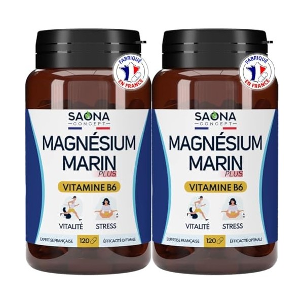 Magnésium Marin - Vitamine B6 | Fatigue - Stress - Sommeil | 300 mg/j | 120 Gélules | 4 mois de cure | Fabriqué en France Lo