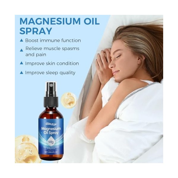 Huile de Magnesium en Spray 60ml, 100% Naturelle avec Chlorure de Magnésium, Absorption Rapide, Magnesium Oil pour Relaxation