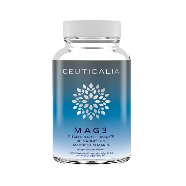 Complément Alimentaire Magnésium Mag 3 - Magniesium Bisglycinate, Malate, Marin Hautement Dosé et Vitamine B6 - Stress, Fatig