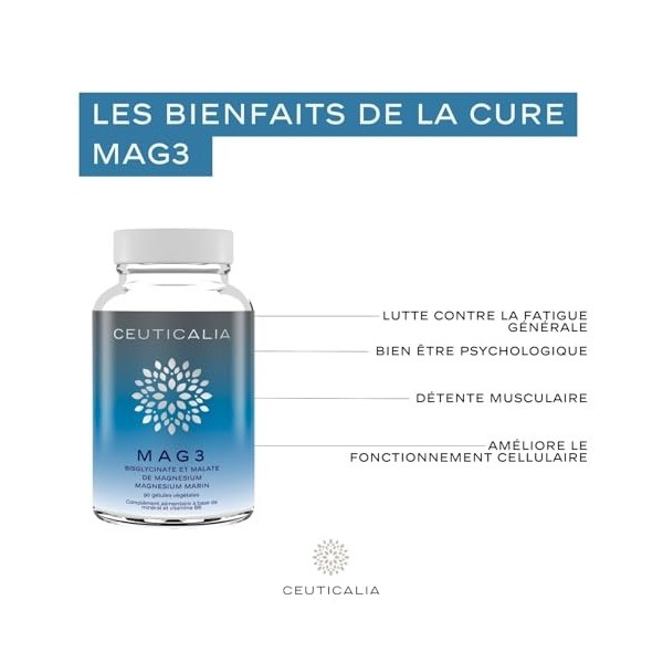 Complément Alimentaire Magnésium Mag 3 - Magniesium Bisglycinate, Malate, Marin Hautement Dosé et Vitamine B6 - Stress, Fatig