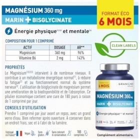 GRANIONS - Magnesium Bisglycinate + Magnesium Marin - FORMAT 6 MOIS | Magnésium Marin + Magnésium Bisglycinate + Vitamine B6 