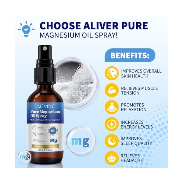 Pure Magnesium Oil Spray, huile de magnésium naturelle, Body Magnesium Spray