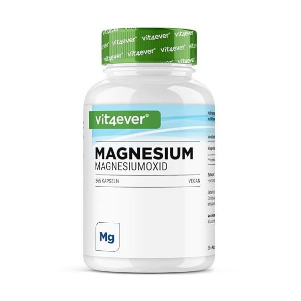 Magnésium - 365 gélules 12 mois - 665 mg par gélule, dont 400 mg de magnésium élémentaire - Fortement dosé - Sans additifs 