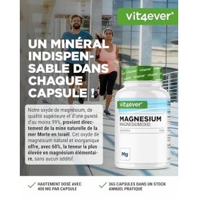 Magnésium - 365 gélules 12 mois - 665 mg par gélule, dont 400 mg de magnésium élémentaire - Fortement dosé - Sans additifs 