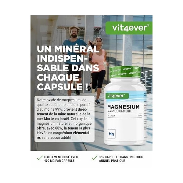 Magnésium - 365 gélules 12 mois - 665 mg par gélule, dont 400 mg de magnésium élémentaire - Fortement dosé - Sans additifs 