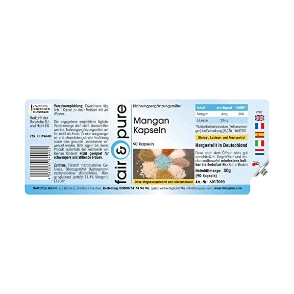 Fair & Pure® - Gélules de manganèse 4mg - véganes - sans stéarate de magnésium - 90 gélules