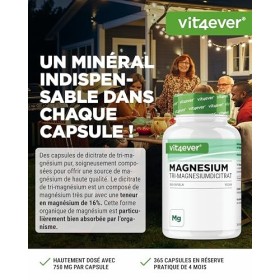 Citrate de Magnésium - 365 gélules - 2250mg dont 360 mg de Magnésium Elémentaire Par Portion Journalière - 100% Dicitrate de 