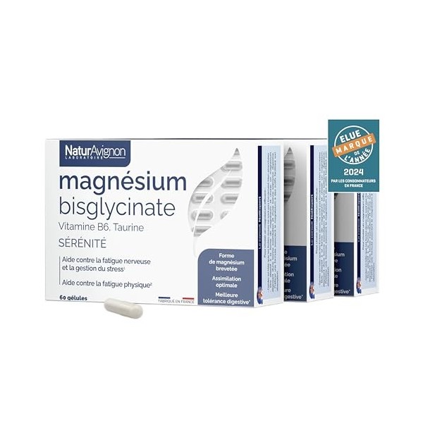Laboratoire NaturAvignon Magnésium Bisglycinate + Taurine + Vitamine B6 | Haute absorption supérieure au magnésium marin | Fa