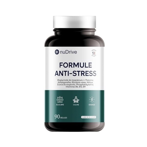 FORMULE ANTI STRESS | Magnésium bisglycinate, Ashwagandha, Rhodiola, L-Théanine, Phosphatidylsérine, Magnolia, Mélisse, Vitam