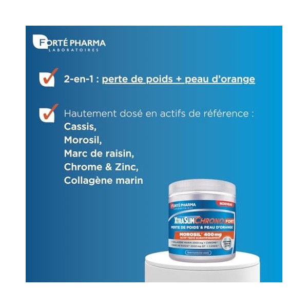 Forté Pharma - XtraSlim Chrono Fort - Poudre Morosil, Collagene marin bas poids moléculaire - Perte de poids, Peau dorange -