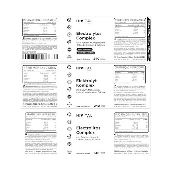 Electrolytes Complex. 240 gélules végétaliennes pour 2 mois. Avec les sels Minéraux: Potassium, Magnésium, Chlorure, Sodium e