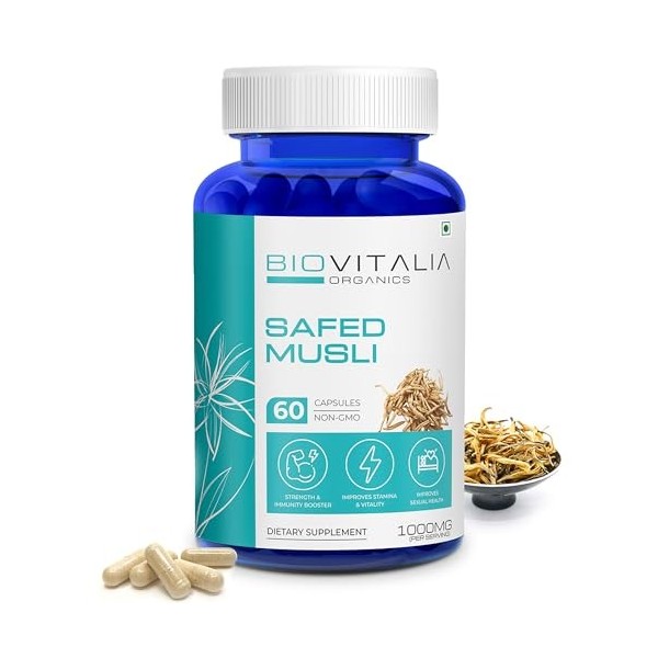 Biovitalia Organics Capsule dextrait de racine de Musli de Safed Soutient la force immunitaire Favorise lendurance sportive