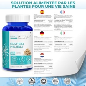 Biovitalia Organics Capsule dextrait de racine de Musli de Safed Soutient la force immunitaire Favorise lendurance sportive