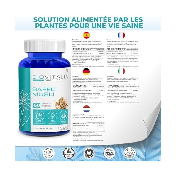 Biovitalia Organics Capsule dextrait de racine de Musli de Safed Soutient la force immunitaire Favorise lendurance sportive