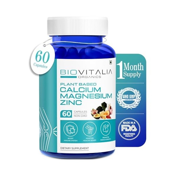 Biovitalia Organics Capsules de calcium, de magnésium et de zinc avec vitamines D3, B12 et K | Supplément favorisant la santé