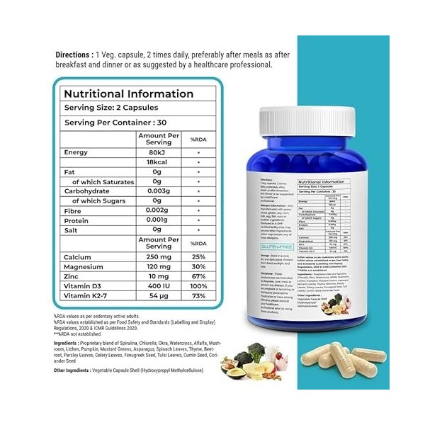 Biovitalia Organics Capsules de calcium, de magnésium et de zinc avec vitamines D3, B12 et K | Supplément favorisant la santé