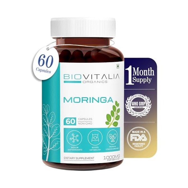 Biovitalia Organics Complément alimentaire Moringa 1000 mg | Superaliment riche en nutriments avec protéines et vitamines | E