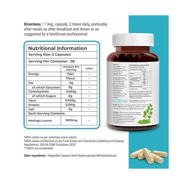 Biovitalia Organics Complément alimentaire Moringa 1000 mg | Superaliment riche en nutriments avec protéines et vitamines | E