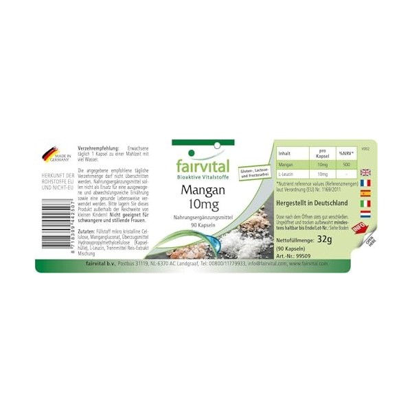 Fairvital | Manganèse 10mg - set pour 3 mois - Fortement dosé - VEGAN - 90 capsules - oligo-élément essentiel