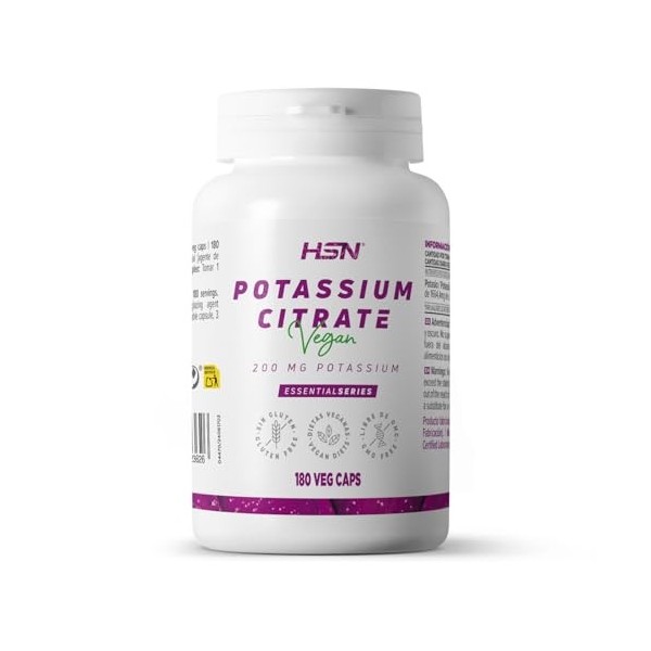 HSN Citrate de Potassium 1664mg 600mg de Potassium Élémentaire par dose quotidienne | 180 Capsules Végétales | Le potassium