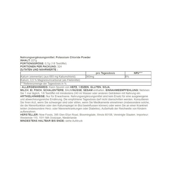 Now Foods - Chlorure de potassium en poudre, 8oz 227g | Poudre de Chlorure de Potassium | Soutien de léquilibre électrolyt