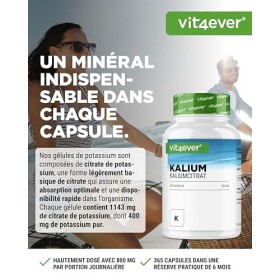 Potassium - 365 gélules avec 800 mg de potassium élémentaire issu du citrate de potassium par portion journalière - 100% ci