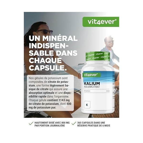 Potassium - 365 gélules avec 800 mg de potassium élémentaire issu du citrate de potassium par portion journalière - 100% ci