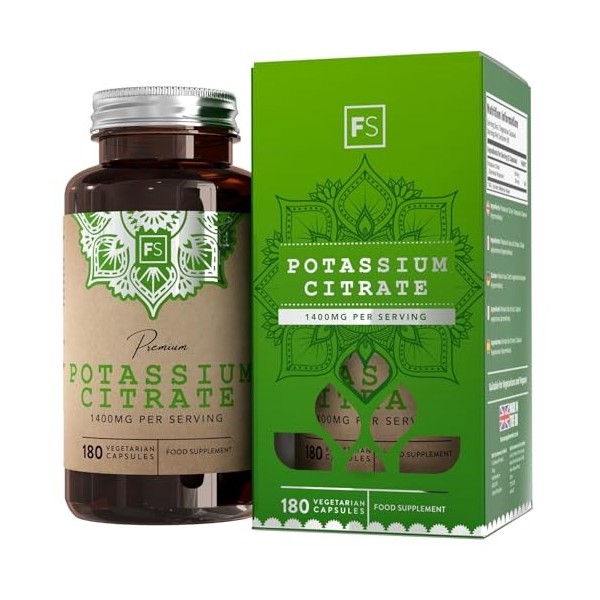 FS Potassium Citrate | 180 Capsules Potassium Haute Teneur – 1400 mg de Citrate de Potassium par Portion | Sans OGM Sans Glut