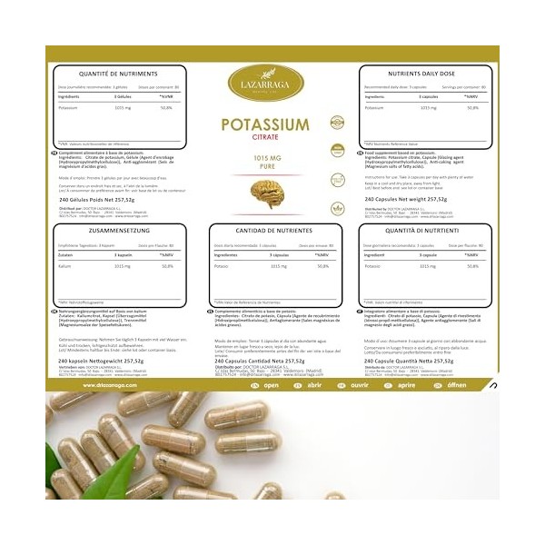 Potassium 240 gélules | Fortement dosé : 1015mg par dose journalière | Minéral essentiel à la fonction musculaire et au fonct