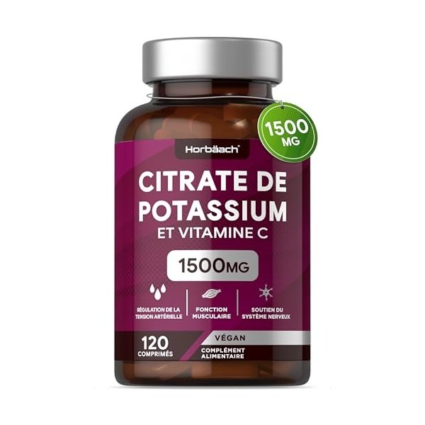 Potassium Citrate 1500 mg avec Vitamine C | 120 Comprimés Végétaliens | Citrate de Potassium Gelules | Complément Alimentaire