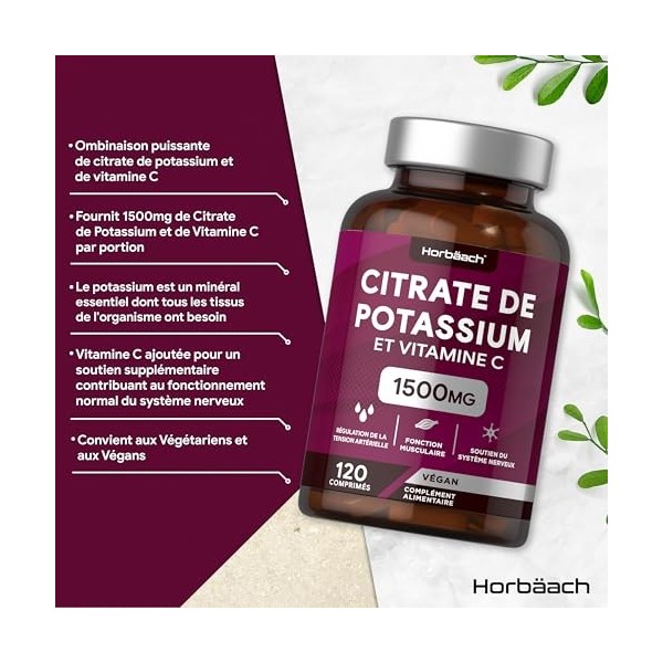 Potassium Citrate 1500 mg avec Vitamine C | 120 Comprimés Végétaliens | Citrate de Potassium Gelules | Complément Alimentaire