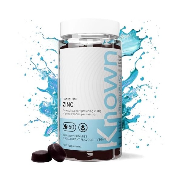 Gummies Délicieux au Zinc Known – 20mg Zinc pour lImmunité, Cheveux, Peau & Ongles – Saveur Cassis – 60 Gummies Vegan, 1 Moi