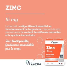 Vitavea - Zinc - Haut dosage 15 mg - Complément alimentaire immunité - Système immunitaire, défenses naturelles et antioxydan