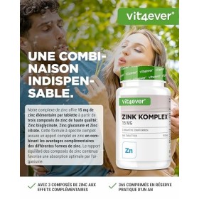Complexe de Zinc 15mg - 365 Comprimés - Avec 3 formes de zinc bisglycinate de zinc, gluconate de zinc, citrate de zinc - 1 