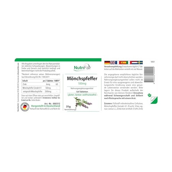 Poivre des moines 100mg - Gattilier & Zinc - 120 comprimés - Hautement dosé - 100% végétalien - Production allemande & tests 