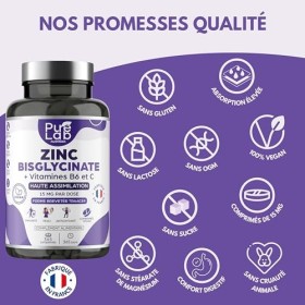 Zinc Bisglycinate + Vitamines B6 et C - Haute Absorption - Immunité, Antioxydant, Peau - Sans Lactose, Sans Gluten - Fabriqué