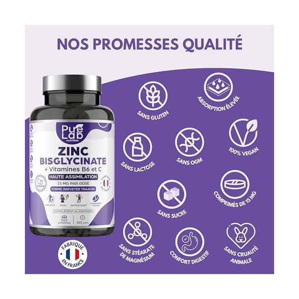 Zinc Bisglycinate + Vitamines B6 et C - Haute Absorption - Immunité, Antioxydant, Peau - Sans Lactose, Sans Gluten - Fabriqué