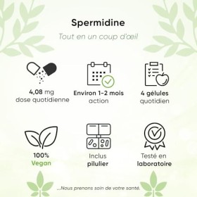 Spermidine - 180 gélules de 606 mg - 4 mg par portion quotidienne - pilulier inclus - qualité supérieure à haute dose - testé