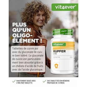 Cuivre - 365 comprimés de 2 mg - 1 an dapprovisionnement - Haute biodisponibilité - Gluconate de cuivre - Hautement dosé - V