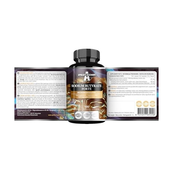 Sodium Butyrate Forte 400 mg 80% Butyric Acid - 100 Capsules Végétales - 100 jours dapprovisionnement - Supplément pour so