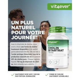 Capsules de choline pure - 240 capsules avec 750 mg de bitartrate de choline - 4 mois dapprovisionnement - Foie, homocystéin