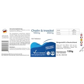 Choline & Inositol - avec 100mg de choline et 250mg dinositol - 120 comprimés - hautement dosés - végétalien - suppléments b
