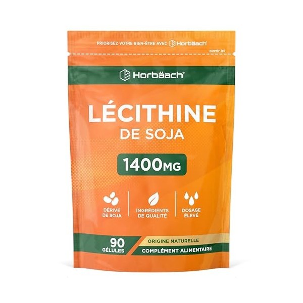 Lécithine de Soja 1400 mg | 240 Gélules | Complément Alimentaire Hautement Dosé | Soy Lecithin Softgels | by Horbaach