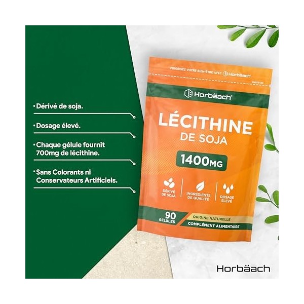 Lécithine de Soja 1400 mg | 240 Gélules | Complément Alimentaire Hautement Dosé | Soy Lecithin Softgels | by Horbaach
