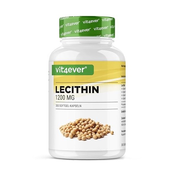 Lécithine 1200 mg - 300 softgels - Premium : avec phosphatides - Lécithine de soja sans OGM - Haute dose - Qualité Premium